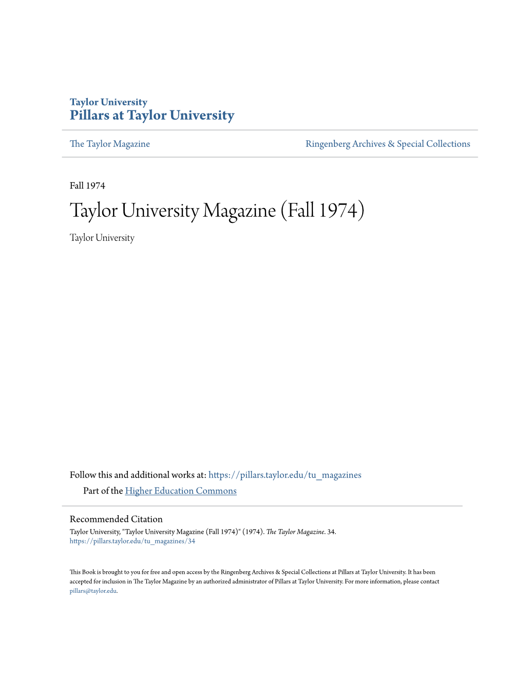 Taylor University Magazine (Fall 1974) Taylor University