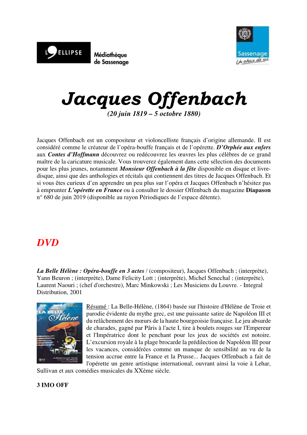 Jacques Offenbach (20 Juin 1819 – 5 Octobre 1880)