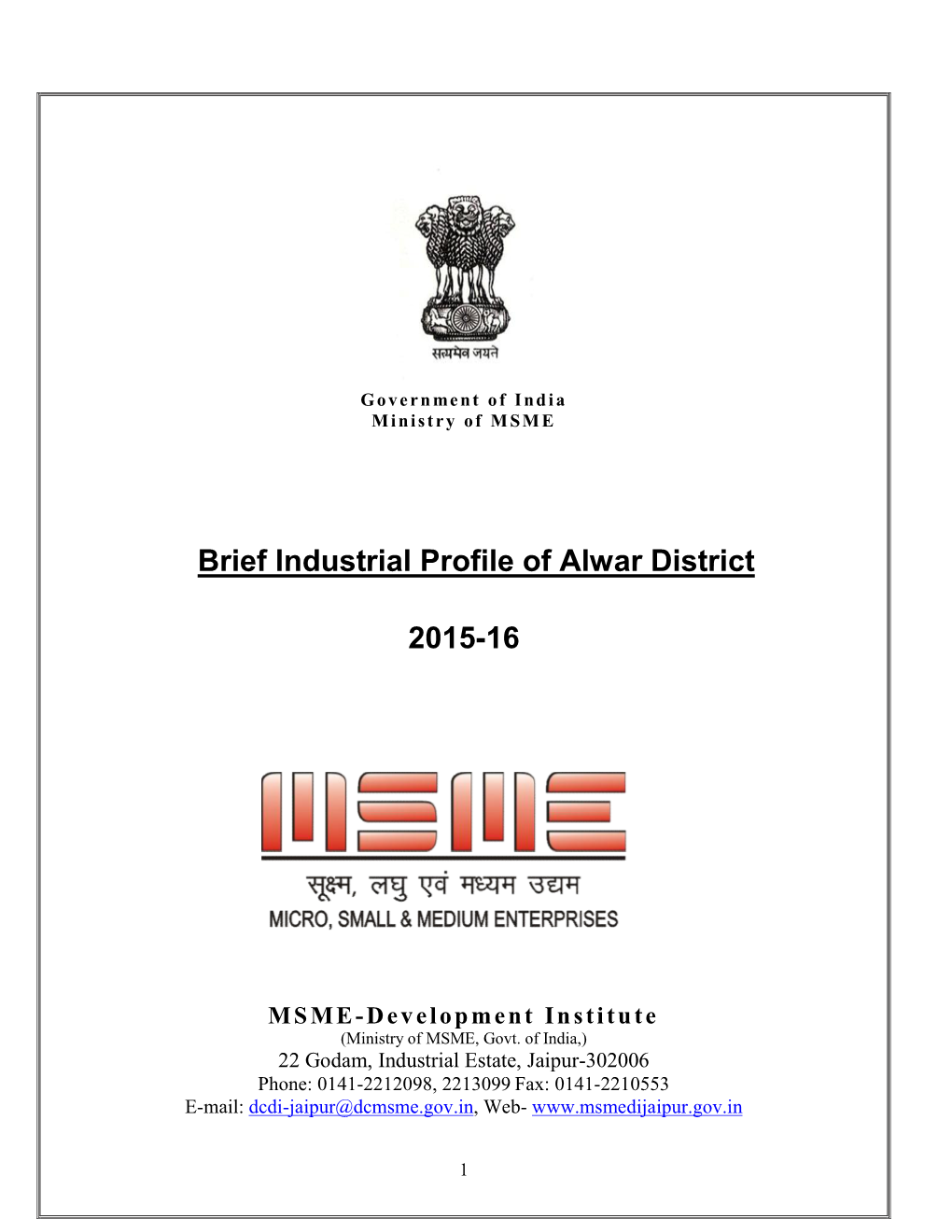 Brief Industrial Profile of Alwar District 2015-16