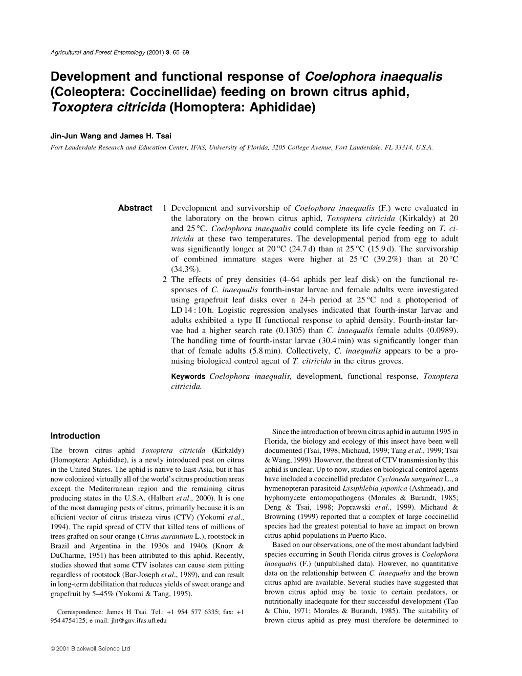 Development and Functional Response of Coelophora Inaequalis (Coleoptera: Coccinellidae) Feeding on Brown Citrus Aphid, Toxoptera Citricida (Homoptera: Aphididae)