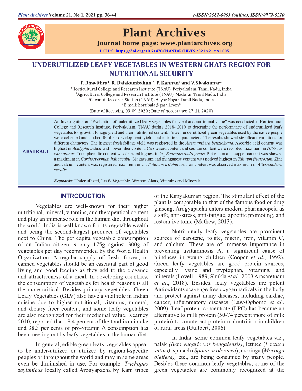 Underutilized Leafy Vegetables in Western Ghats Region for Nutritional Security P