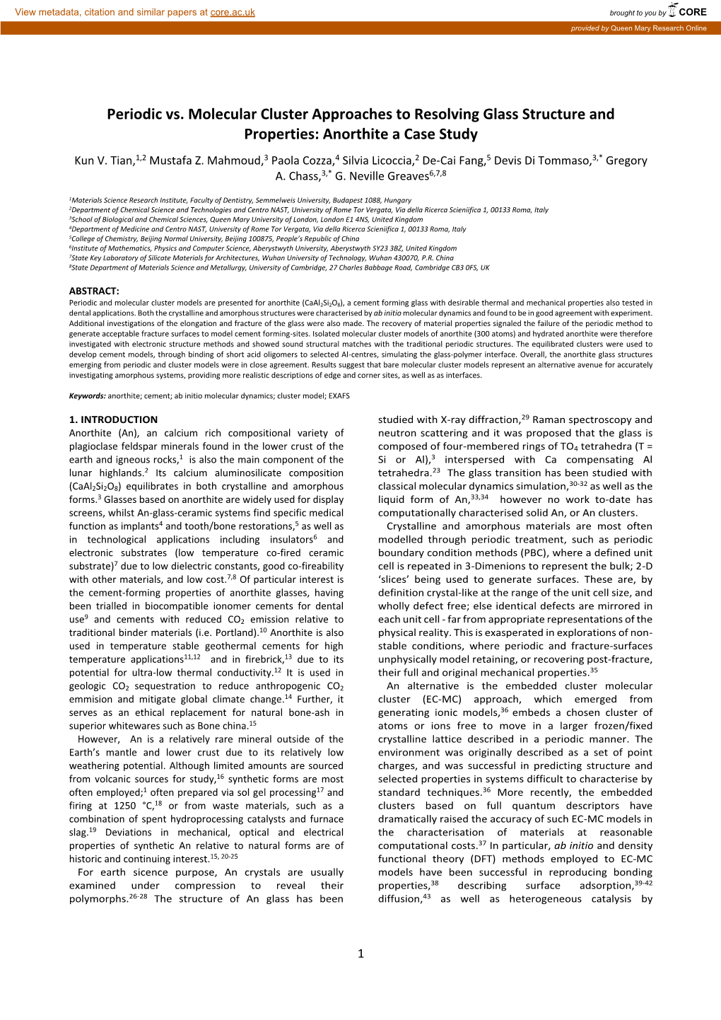 Periodic Vs. Molecular Cluster Approaches to Resolving Glass Structure and Properties: Anorthite a Case Study