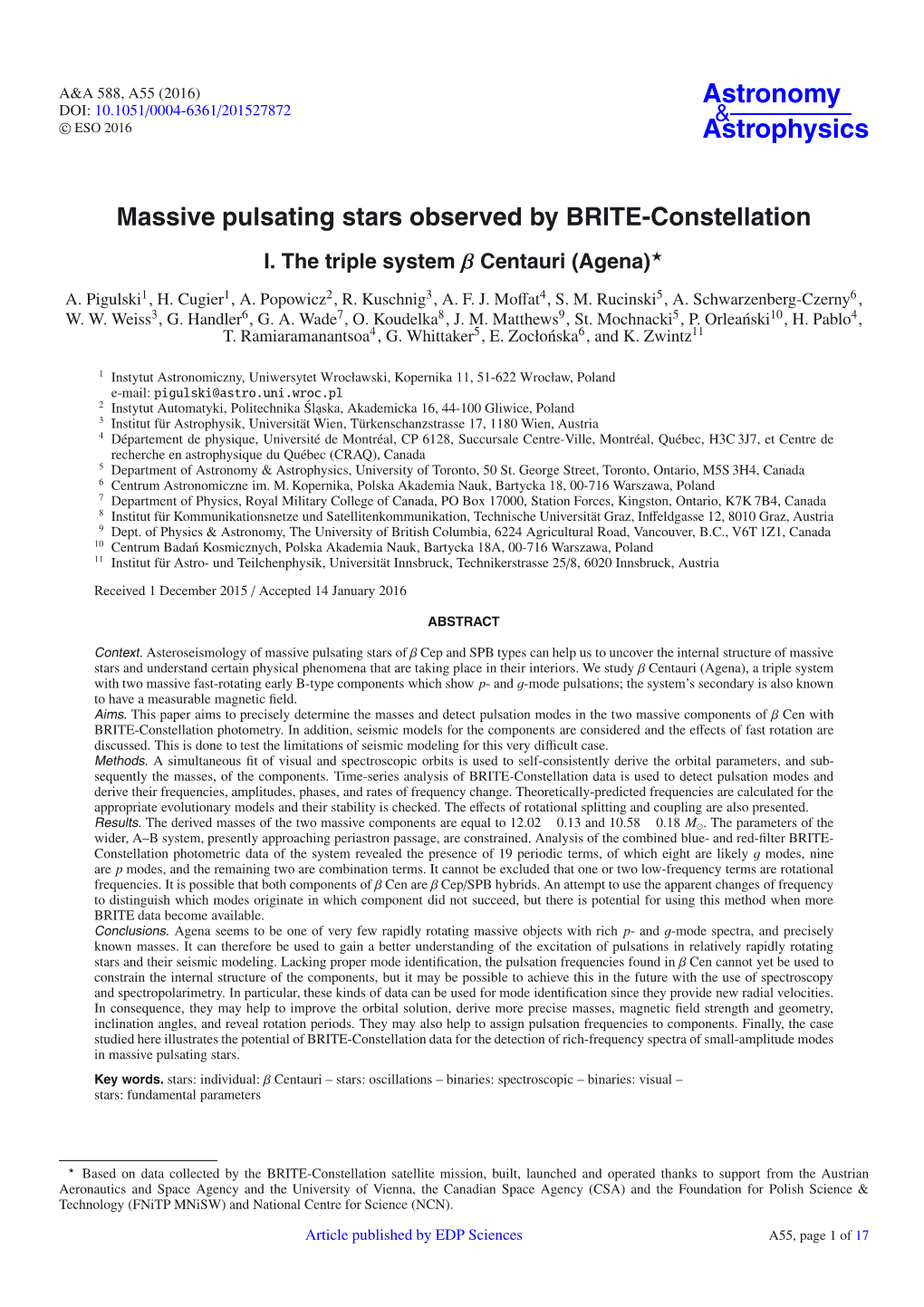 Massive Pulsating Stars Observed by BRITE-Constellation I