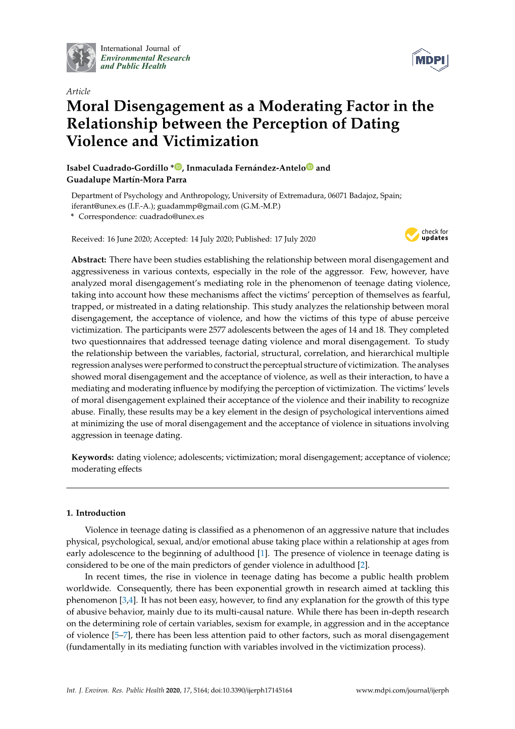 Moral Disengagement As a Moderating Factor in the Relationship Between the Perception of Dating Violence and Victimization