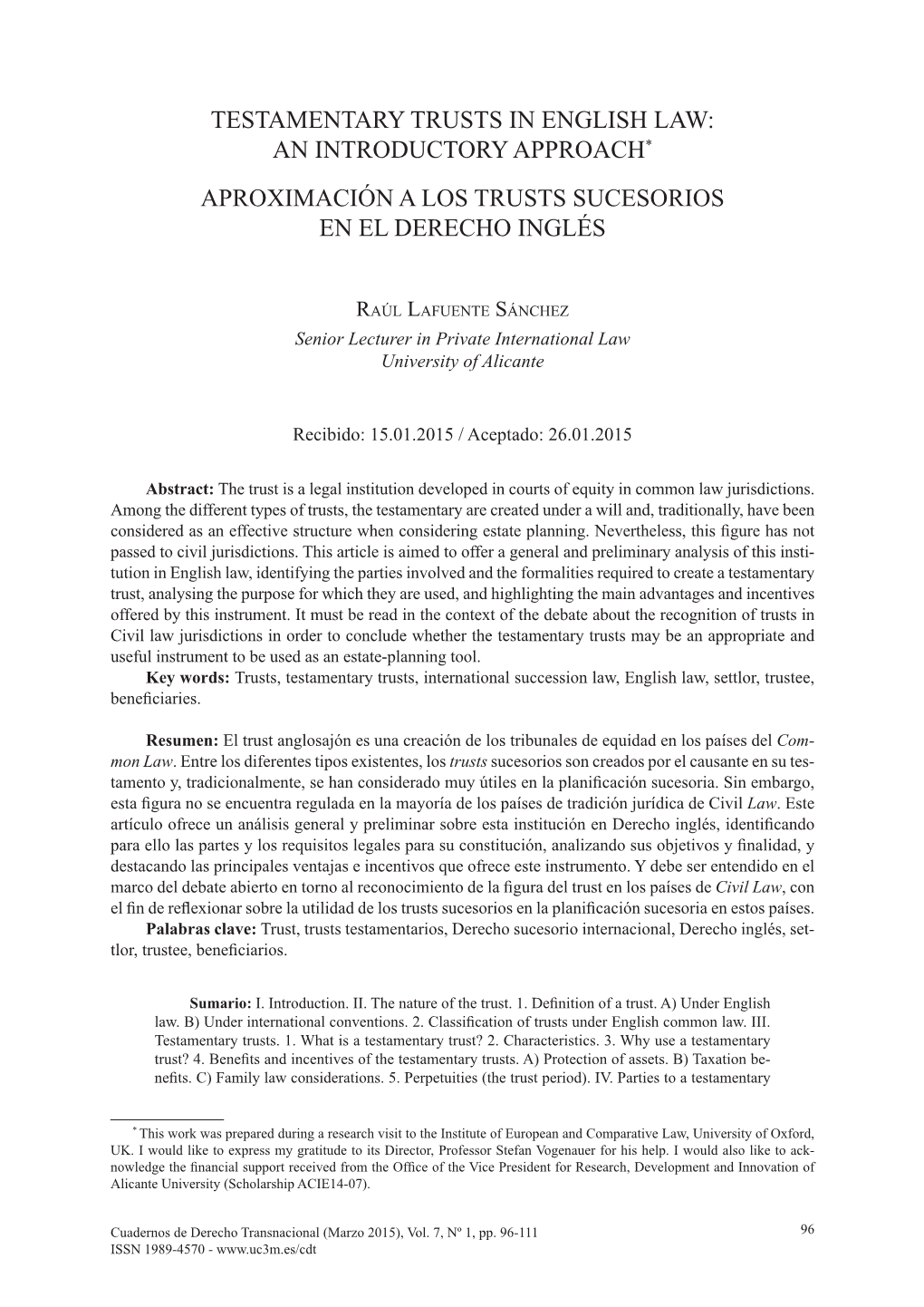 Testamentary Trusts in English Law: an Introductory Approach* Aproximación a Los Trusts Sucesorios En El Derecho Inglés