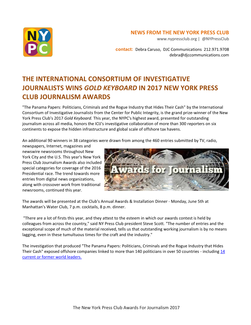 Journalism Awards Winners Press Release