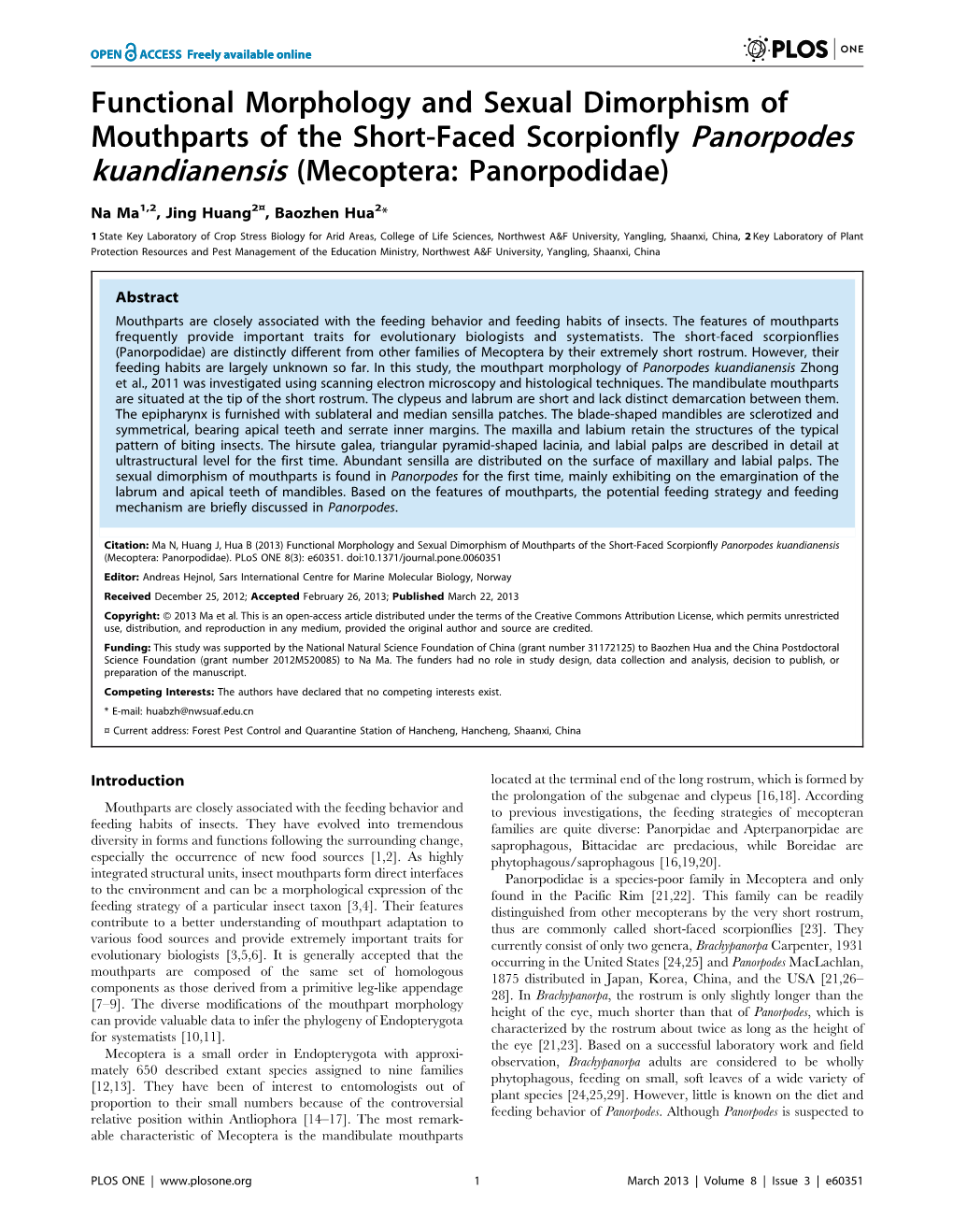 Functional Morphology and Sexual Dimorphism of Mouthparts of the Short-Faced Scorpionfly Panorpodes Kuandianensis (Mecoptera: Panorpodidae)