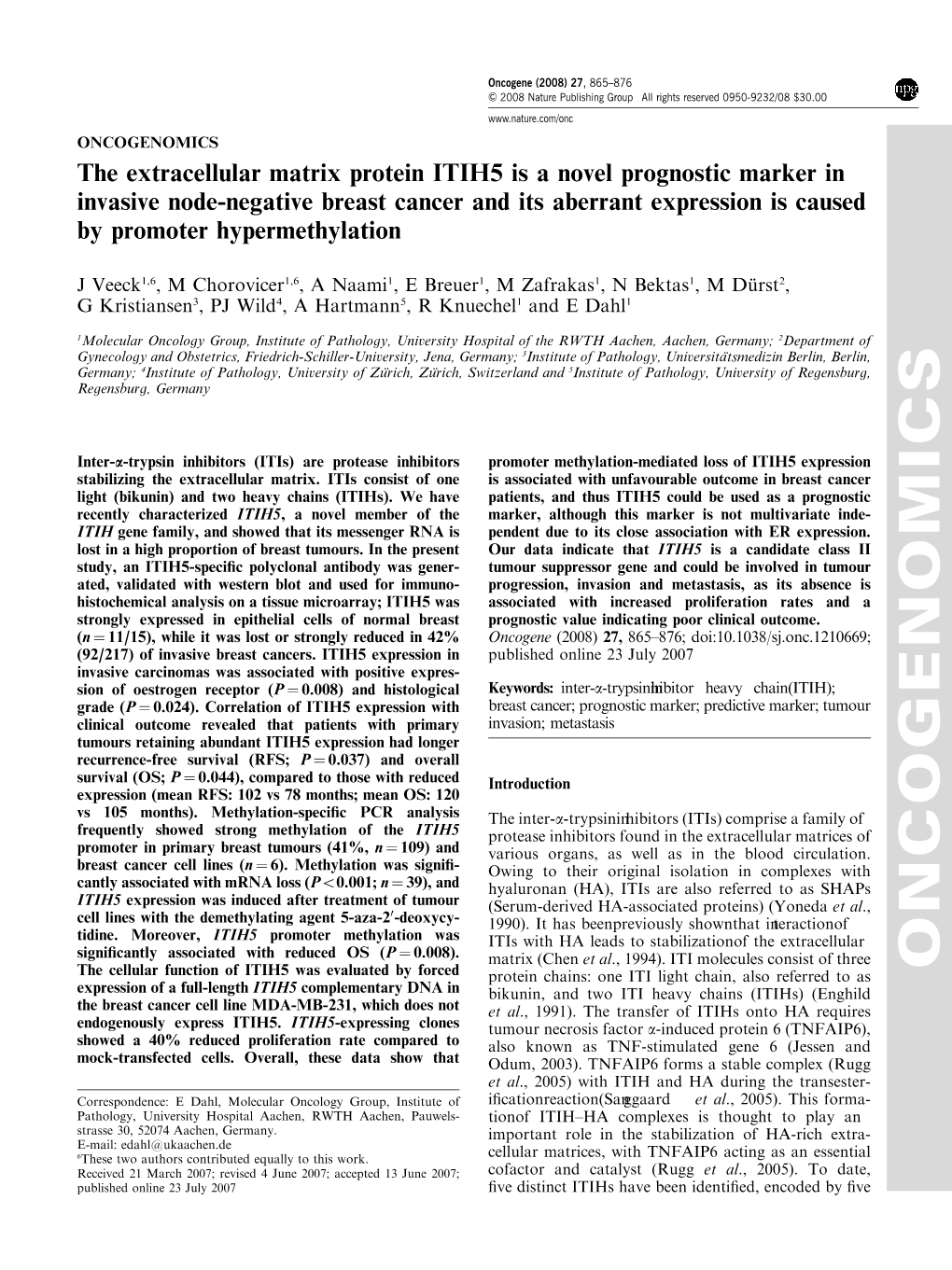 The Extracellular Matrix Protein ITIH5 Is a Novel Prognostic Marker In