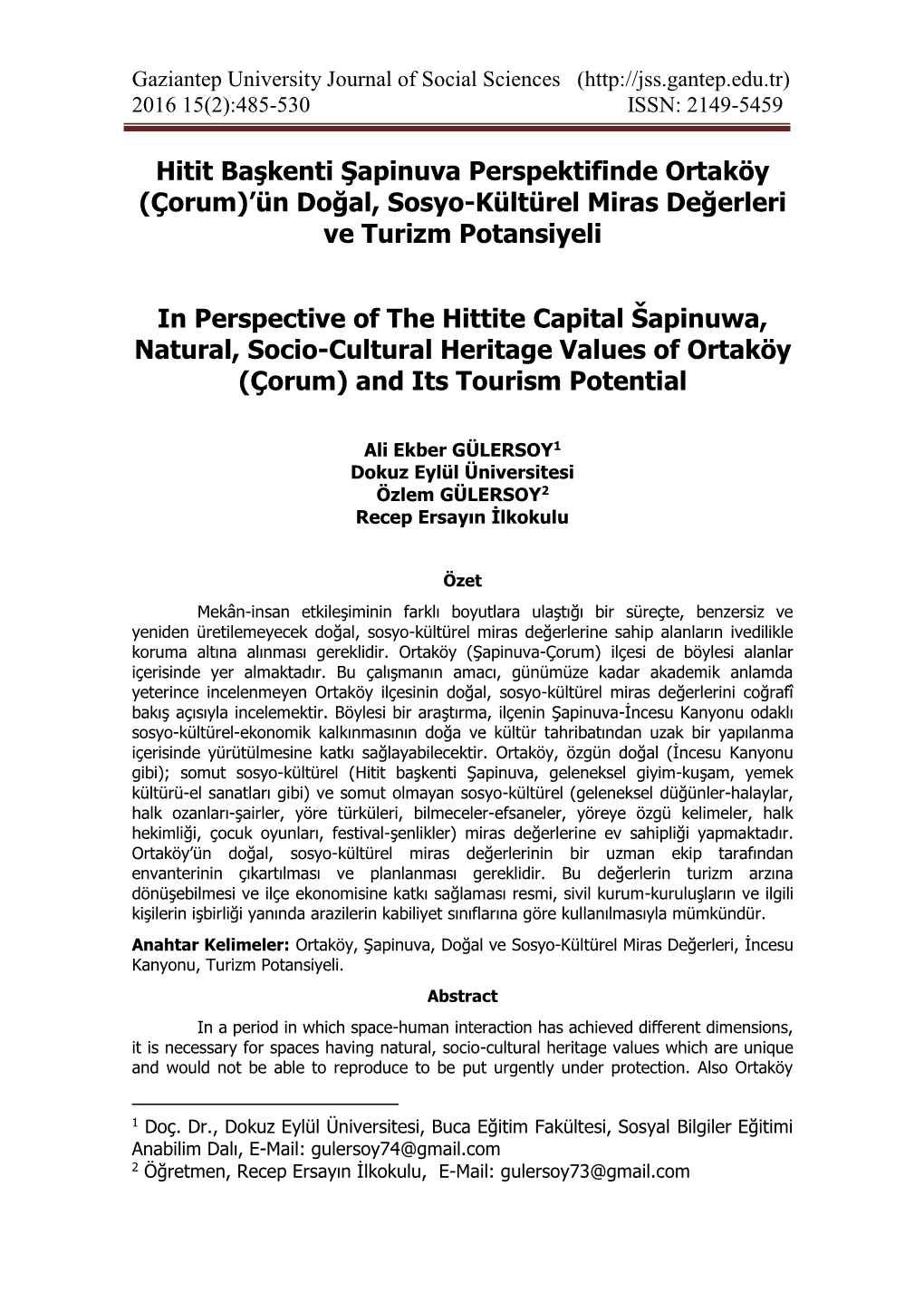 Hitit Başkenti Şapinuva Perspektifinde Ortaköy (Çorum)’Ün Doğal, Sosyo-Kültürel Miras Değerleri Ve Turizm Potansiyeli