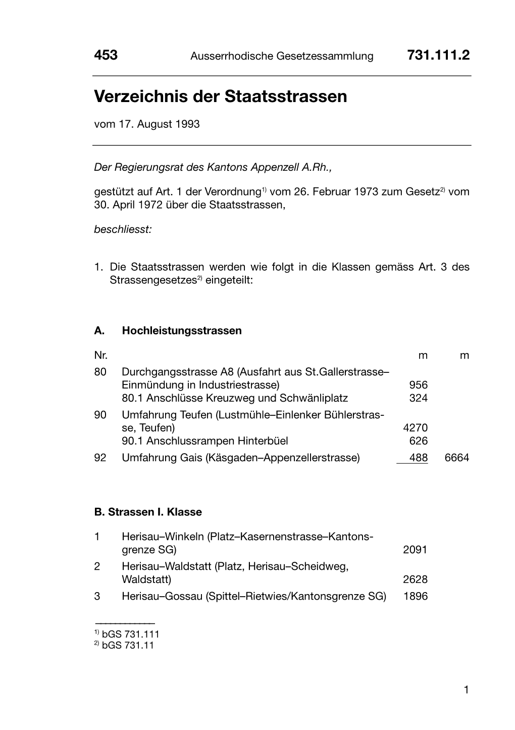 Verzeichnis Der Staatsstrassen Vom 17