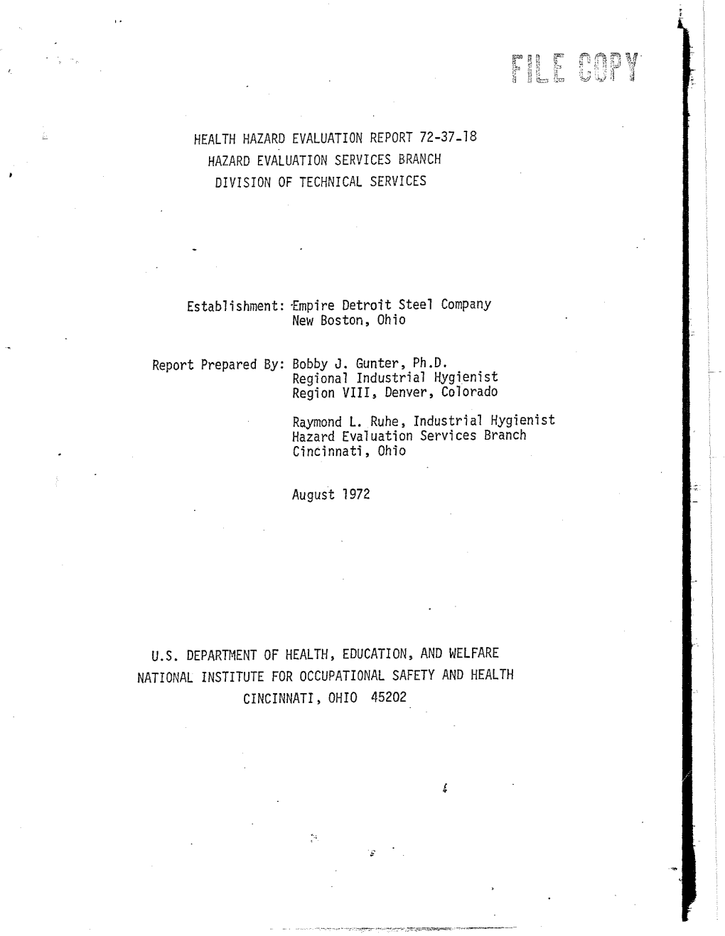 Health Hazard Evaluation Report 72-37-18 Hazard Evaluation Services Branch Division of Technical Services