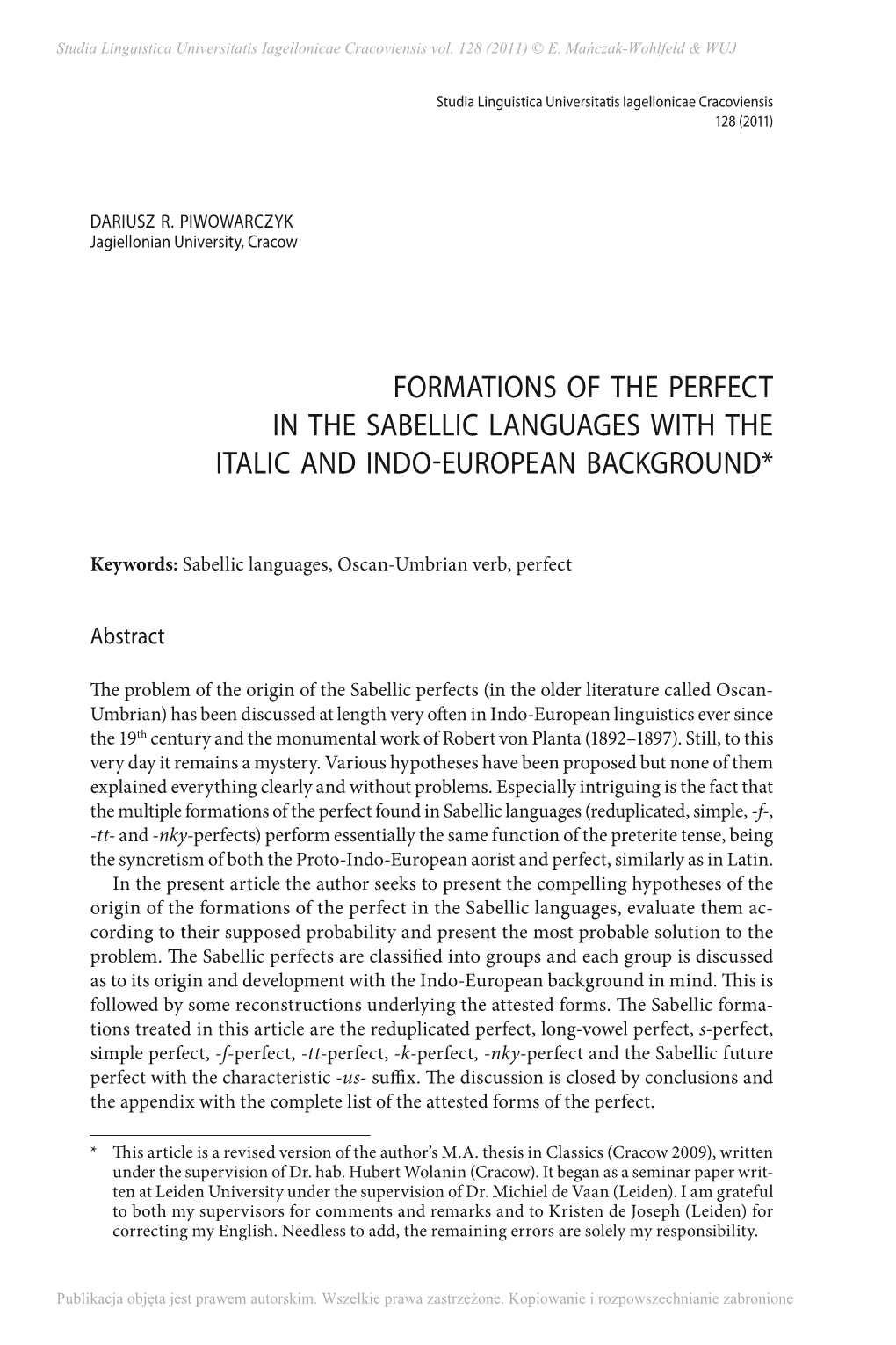 Formations of the Perfect in the Sabellic Languages with the 1Italic and Indo-European Background*