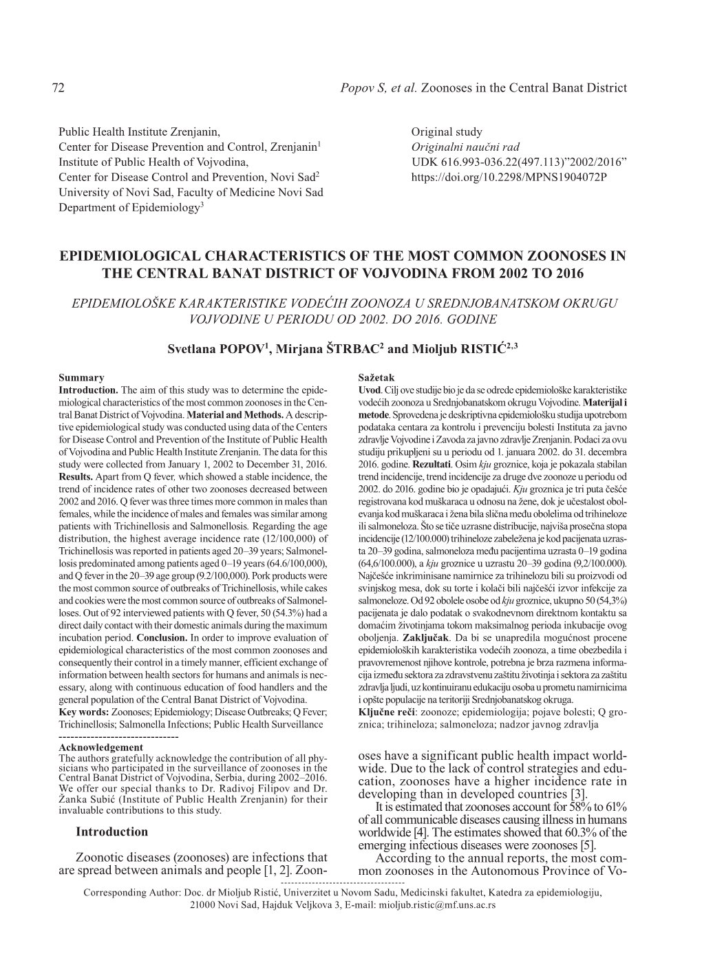 Epidemiological Characteristics of the Most Common Zoonoses in the Central Banat District of Vojvodina from 2002 to 2016