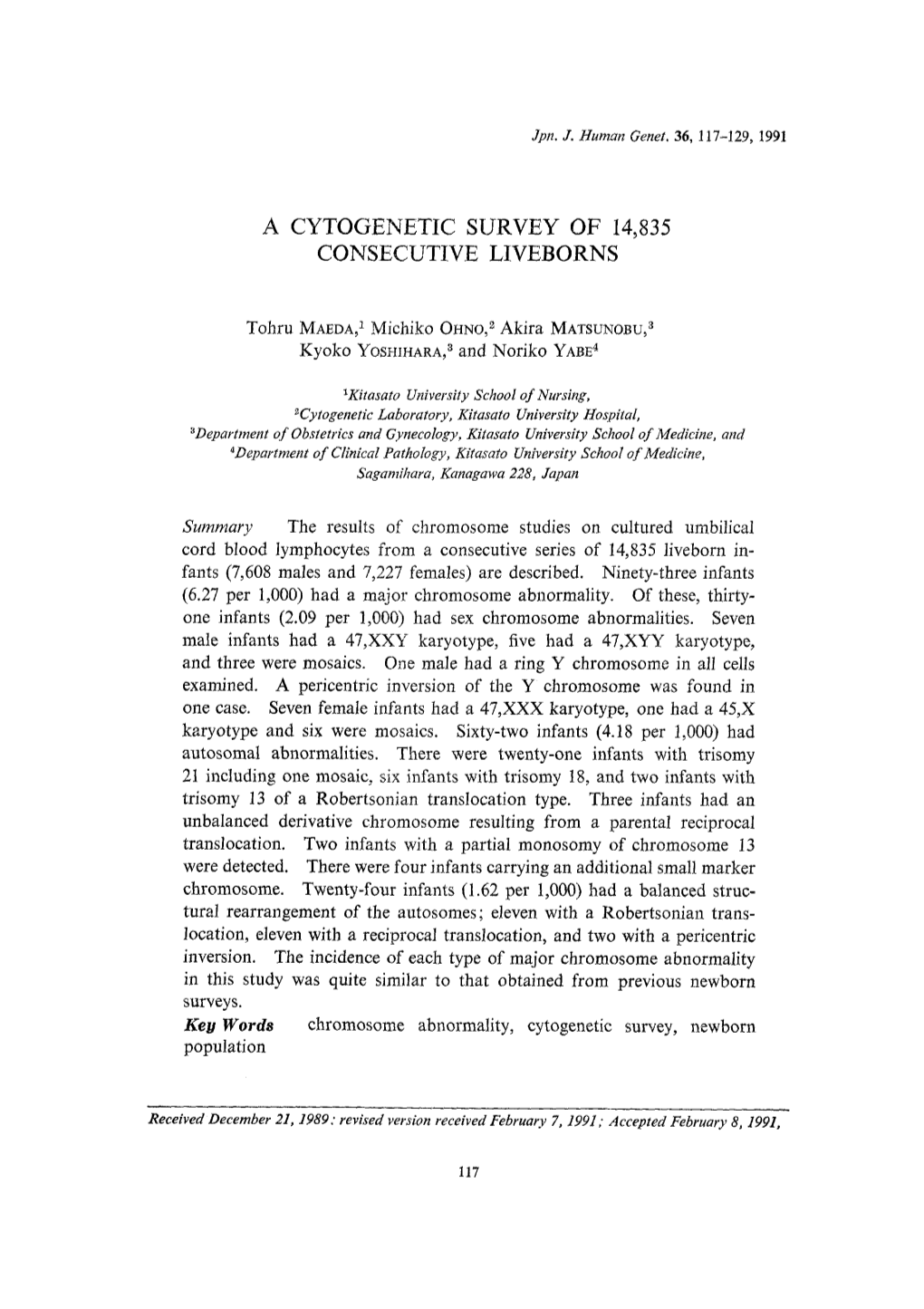 A Cytogenetic Survey of 14,835 Consecutive Liveborns