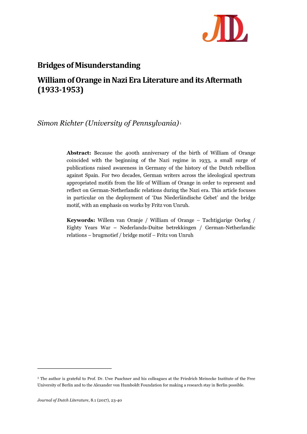 Bridges of Misunderstanding William of Orange in Nazi Era Literature and Its Aftermath