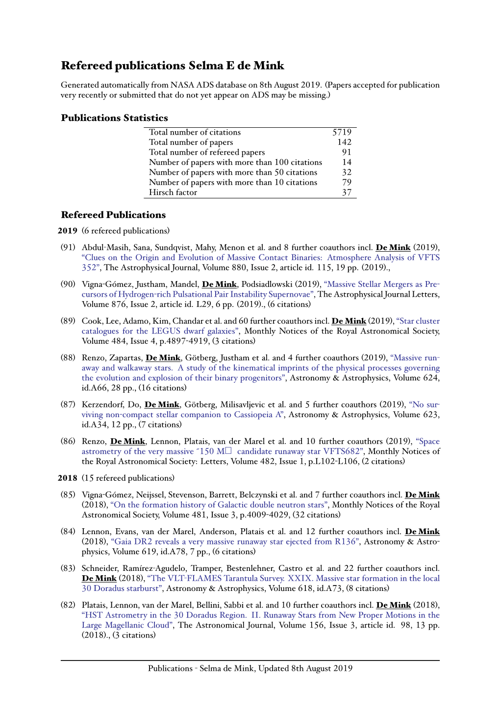 Refereed Publications Selma E De Mink Generated Automatically from NASA ADS Database on 8Th August 2019