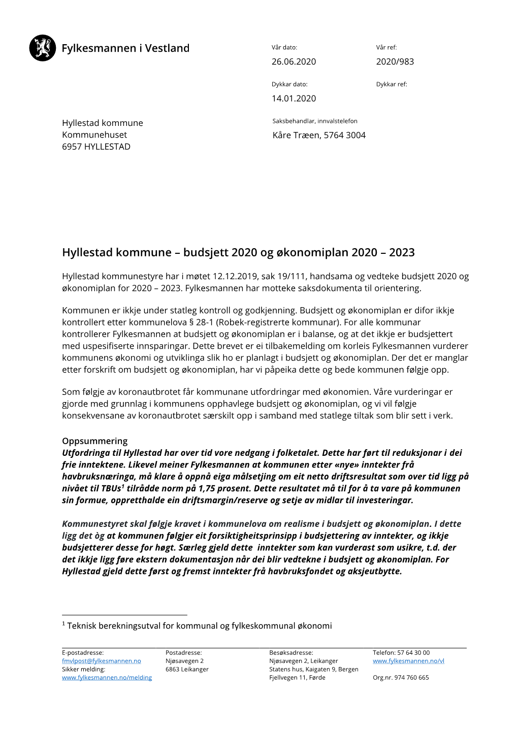 Hyllestad Kommune – Budsjett 2020 Og Økonomiplan 2020 – 2023