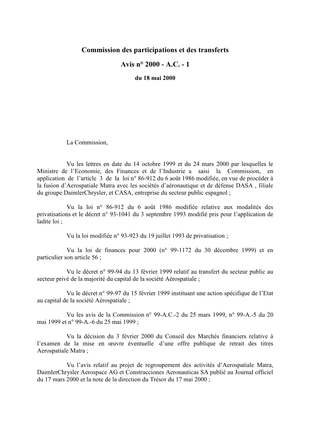 Commission Des Participations Et Des Transferts Avis N° 2000