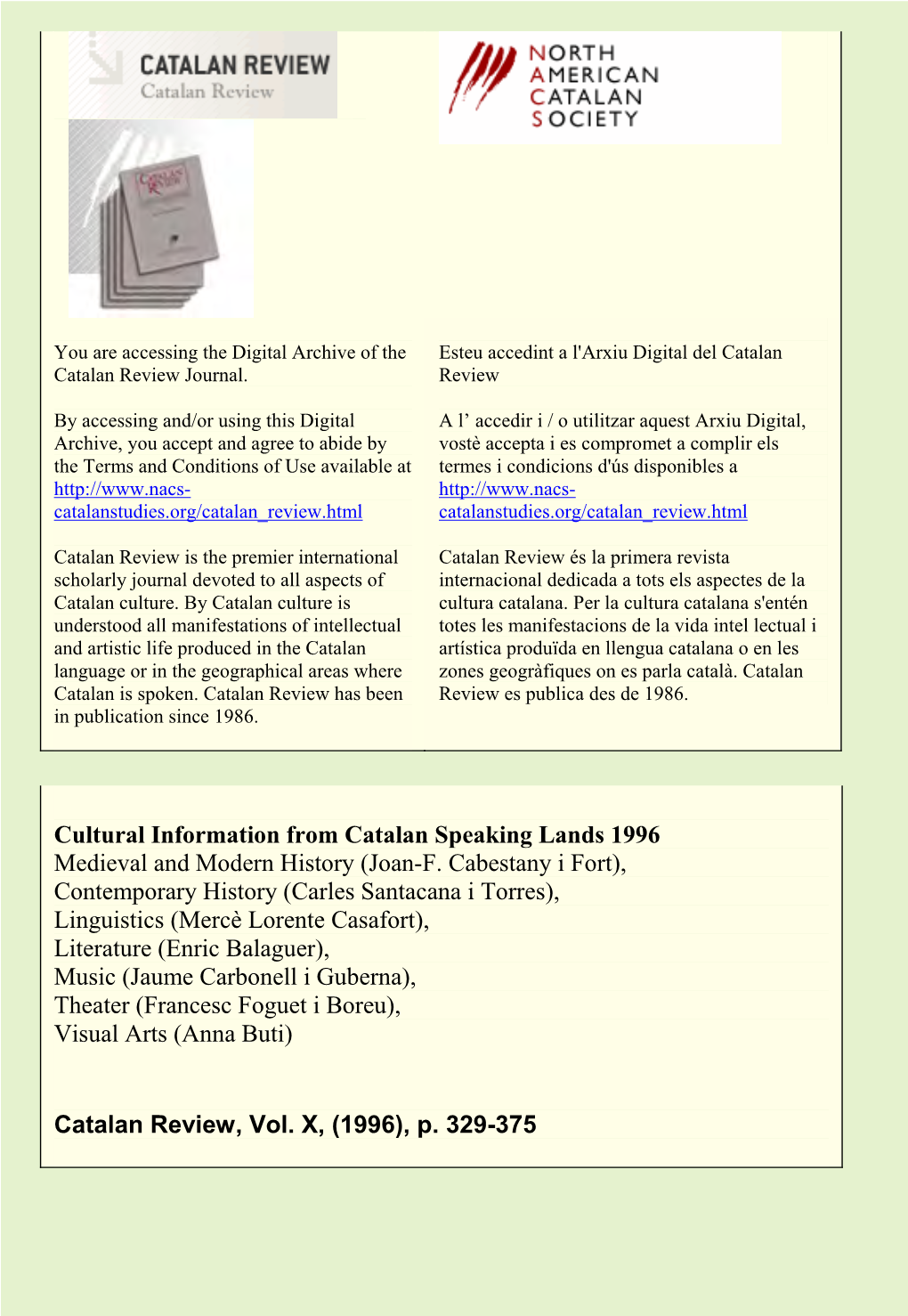 Cultural Information from Catalan Speaking Lands 1996 Medieval and Modern History (Joan-F