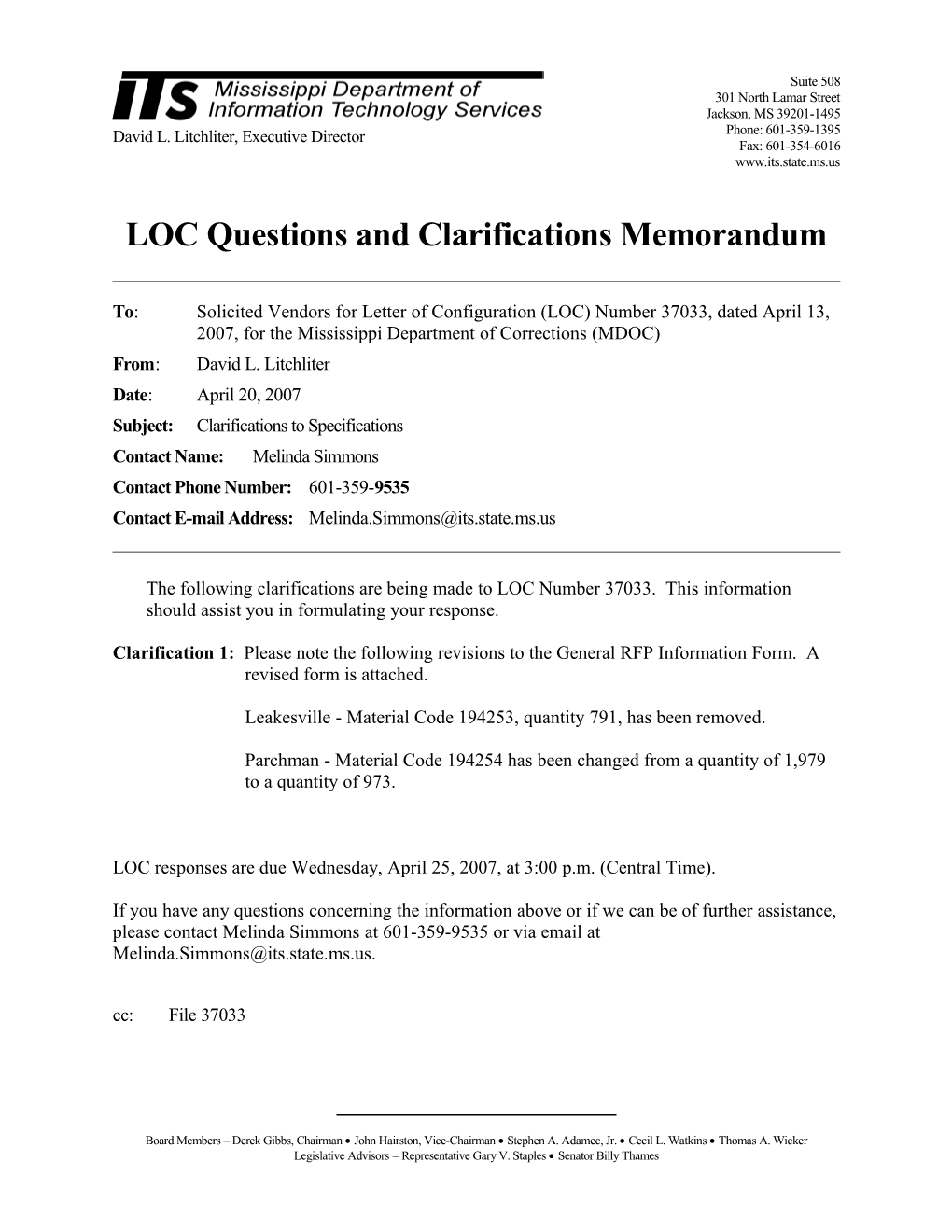 Memorandum for General RFP Configuration s16