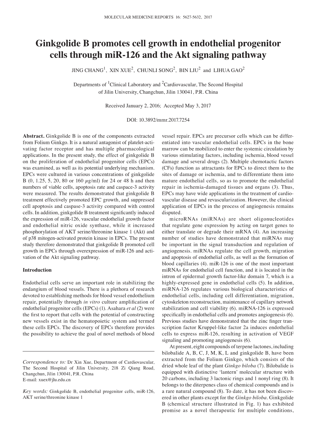 Ginkgolide B Promotes Cell Growth in Endothelial Progenitor Cells Through Mir-126 and the Akt Signaling Pathway