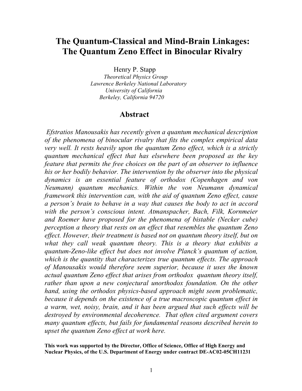 The Quantum-Classical and Mind-Brain Linkages: the Quantum Zeno Effect in Binocular Rivalry