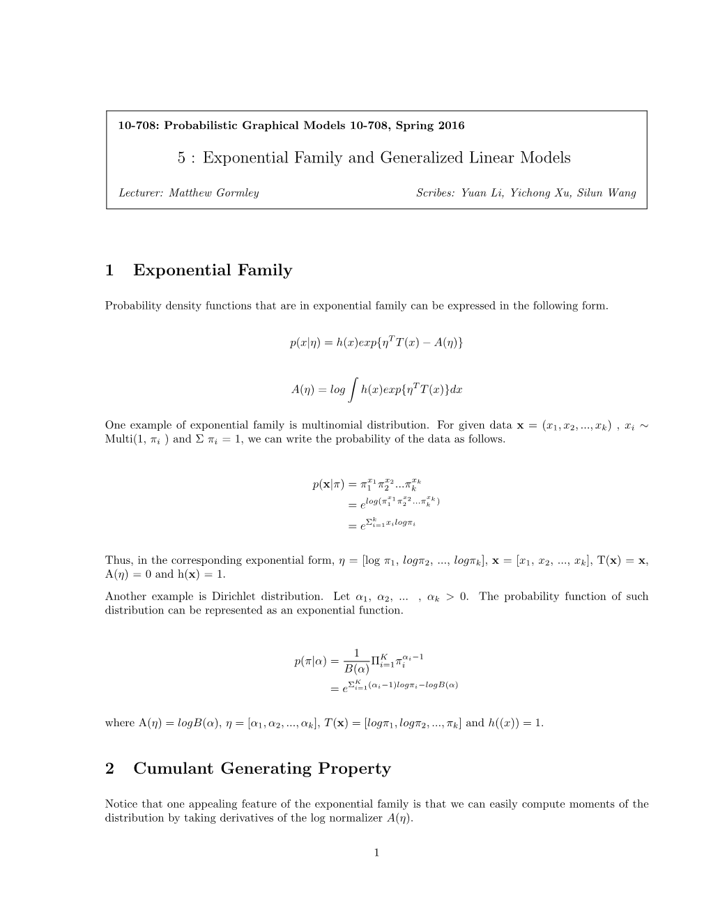 5 : Exponential Family and Generalized Linear Models