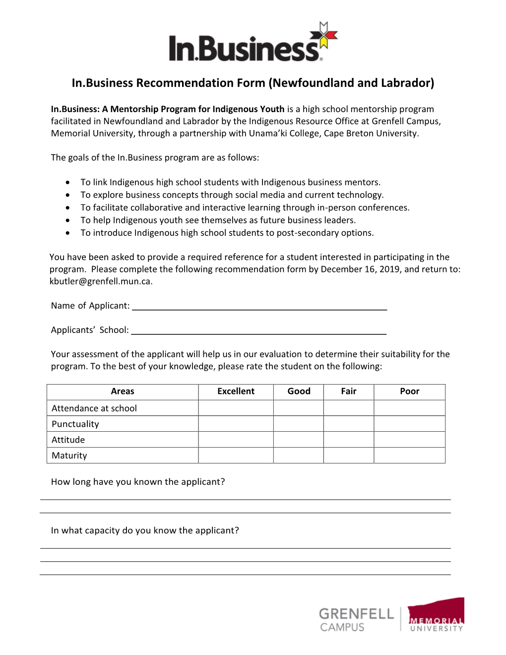 In.Business Recommendation Form (Newfoundland and Labrador)