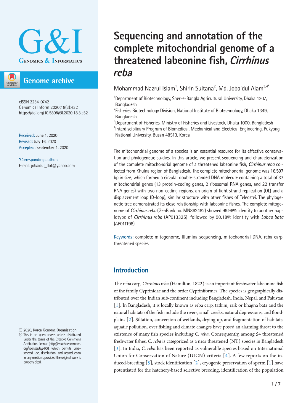 Sequencing and Annotation of the Complete Mitochondrial Genome Of