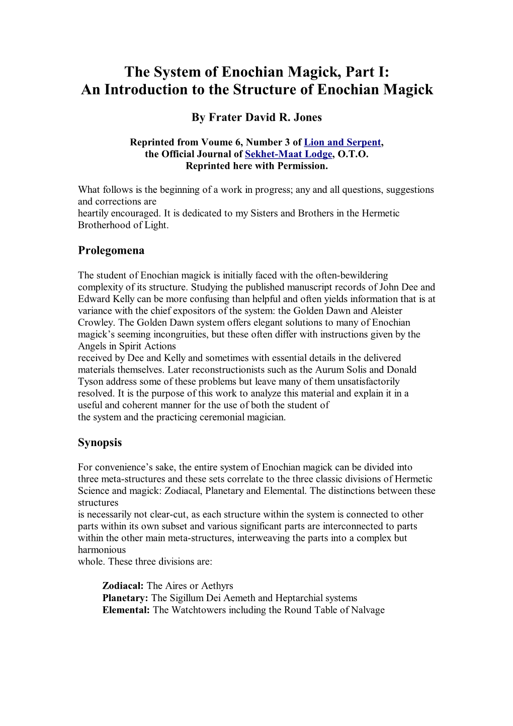 The System of Enochian Magick, Part I: an Introduction to the Structure of Enochian Magick