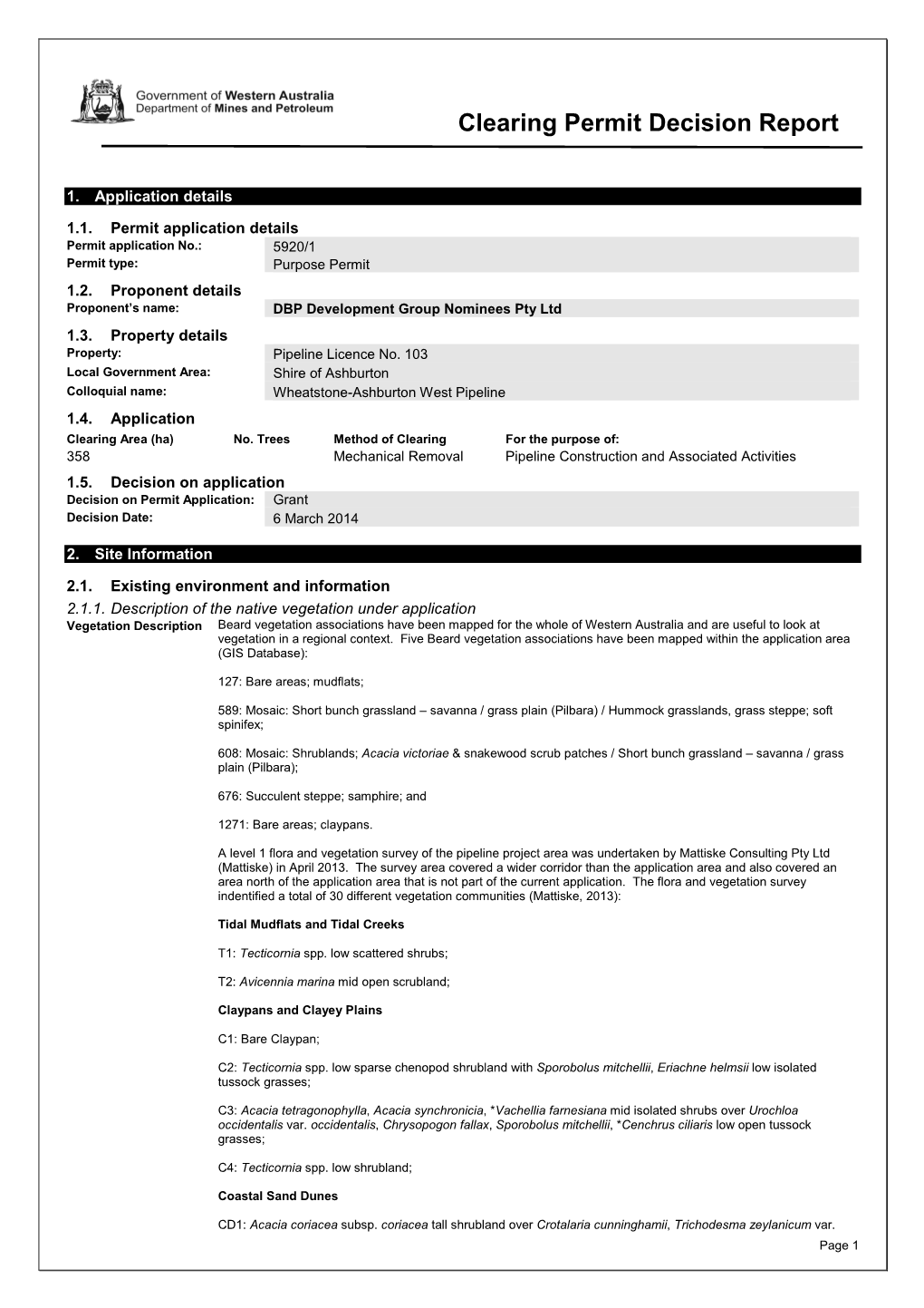 Clearing Permit Decision Report