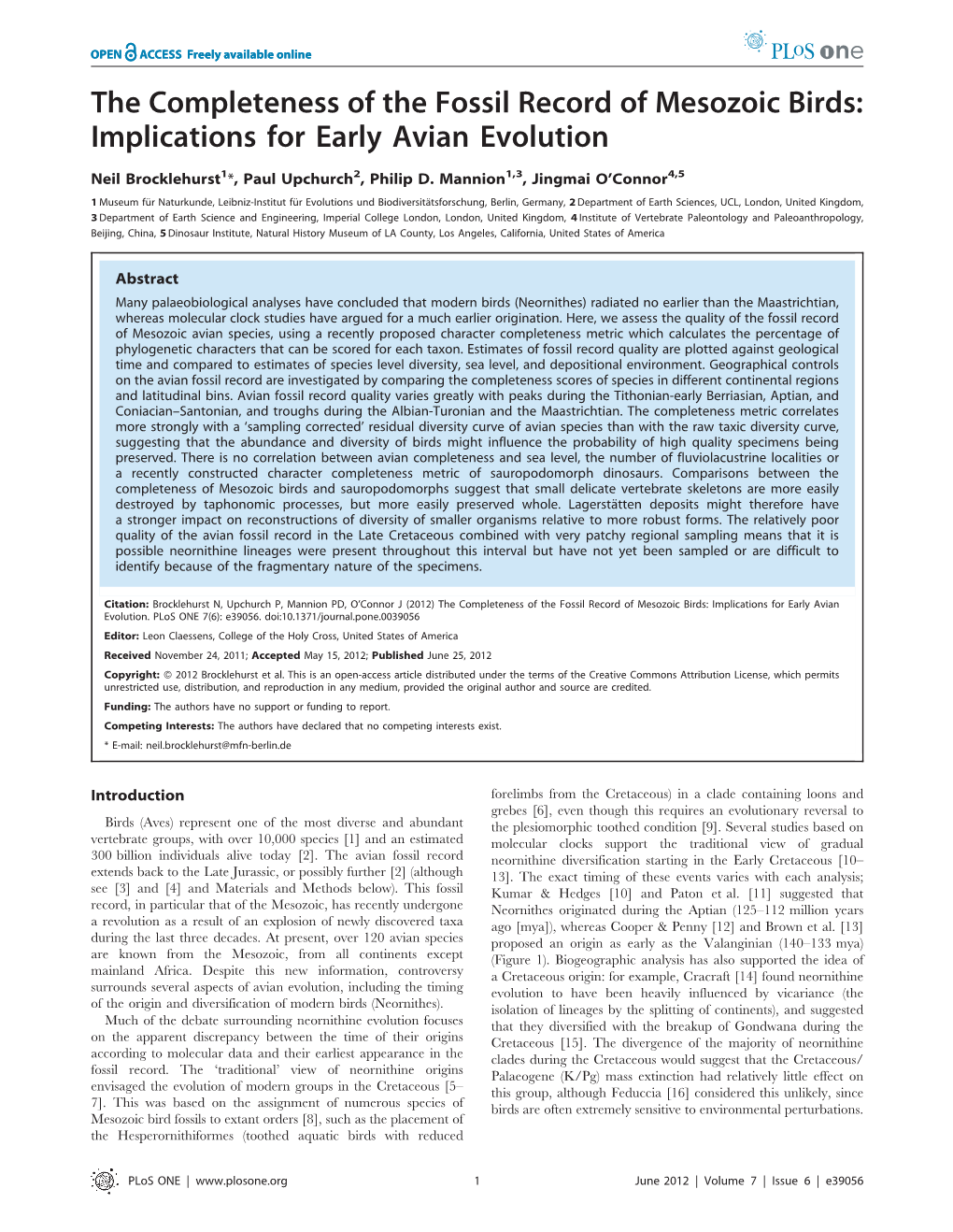 The Completeness of the Fossil Record of Mesozoic Birds: Implications for Early Avian Evolution