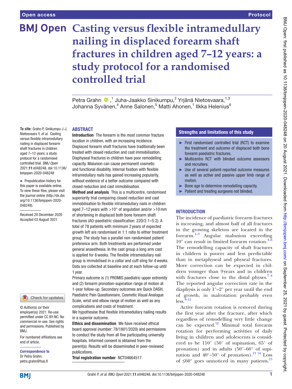 Casting Versus Flexible Intramedullary Nailing in Displaced Forearm Shaft Fractures in Children Aged 7–12 Years: a Study Protocol for a Randomised Controlled Trial