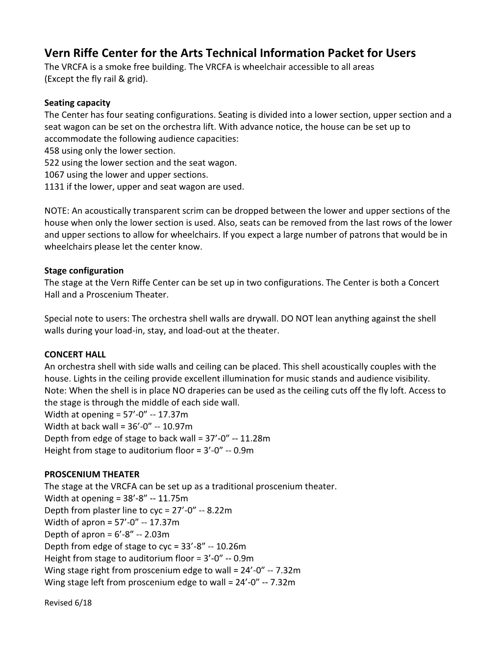 Vern Riffe Center for the Arts Technical Information Packet for Users the VRCFA Is a Smoke Free Building