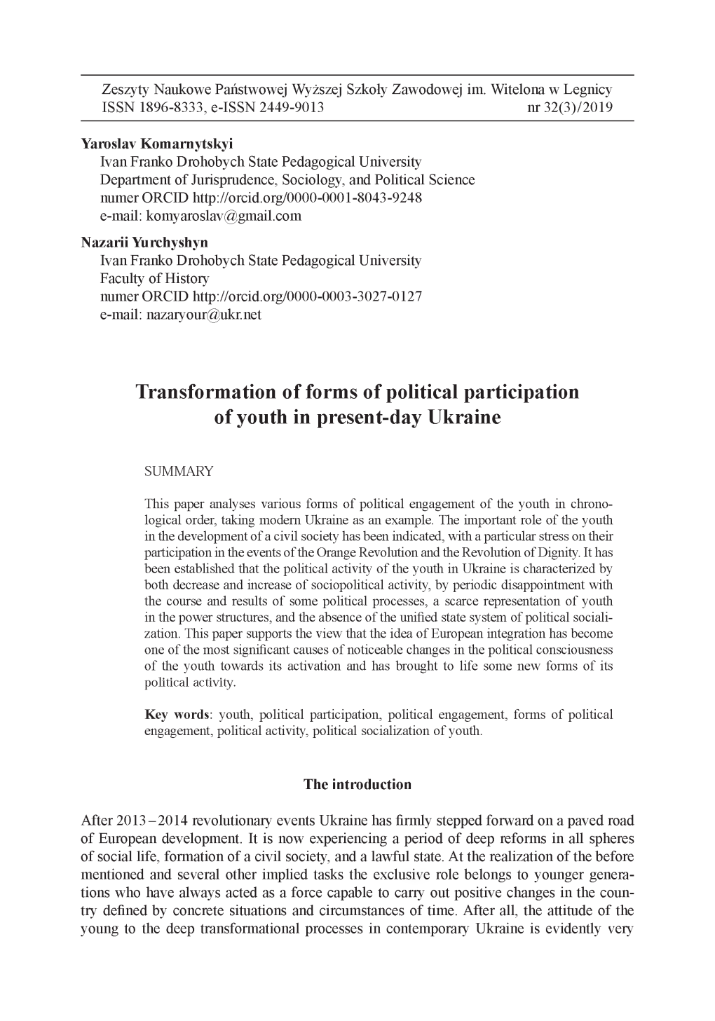 Transformation of Forms of Political Participation of Youth in Present-Day Ukrainę