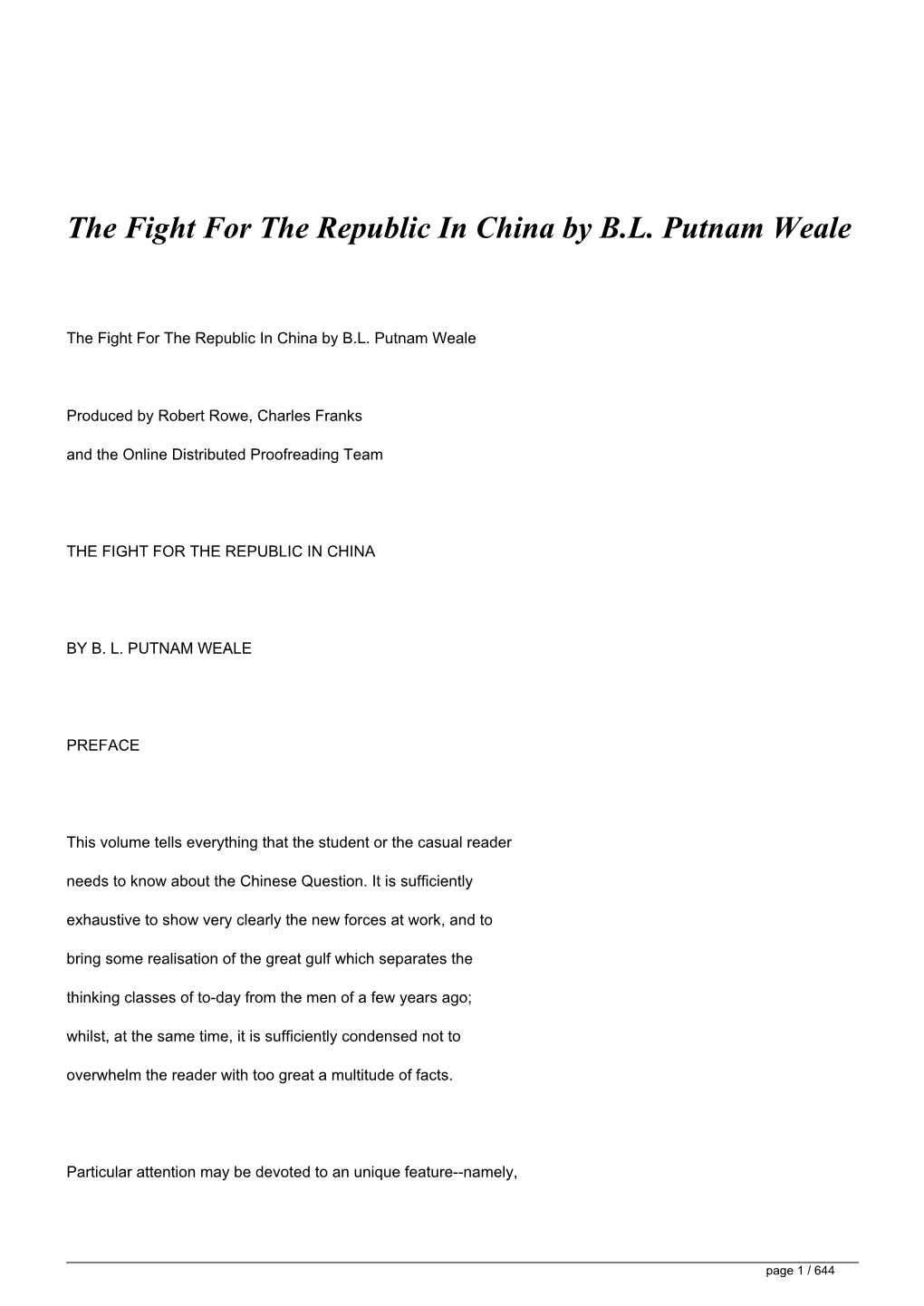 The Fight for the Republic in China by BL Putnam