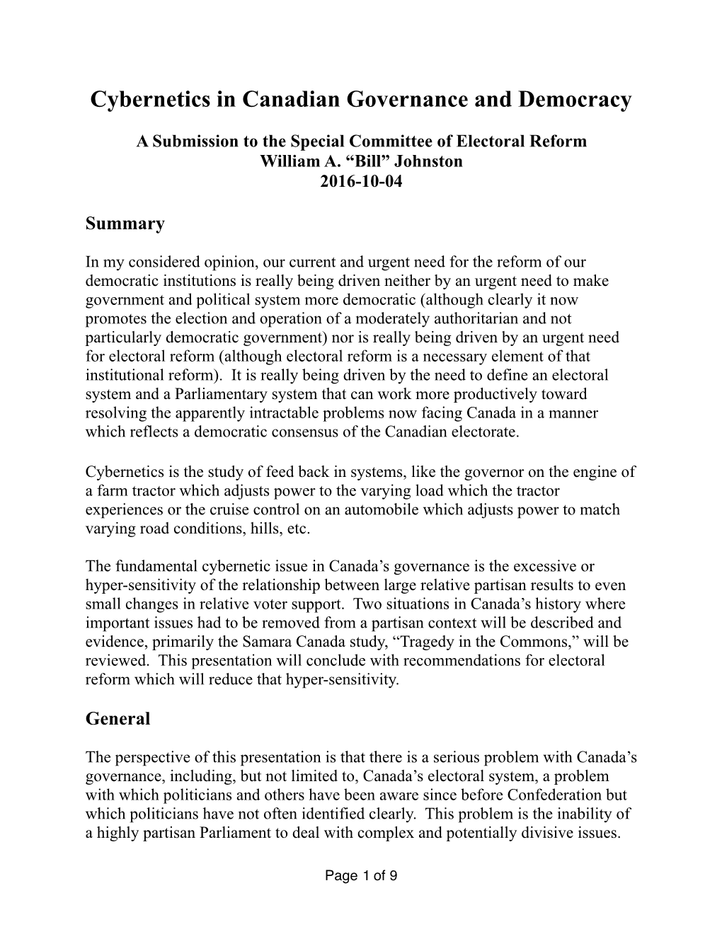 Cybernetics in Canadian Governance and Democracy