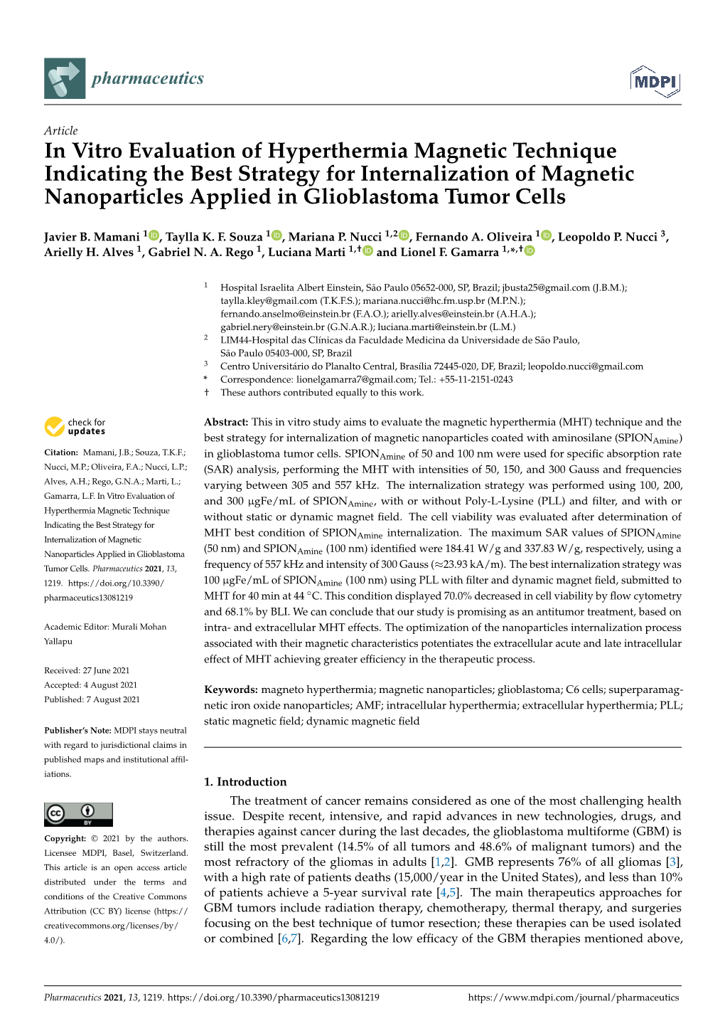 In Vitro Evaluation of Hyperthermia Magnetic Technique Indicating the Best Strategy for Internalization of Magnetic Nanoparticles Applied in Glioblastoma Tumor Cells