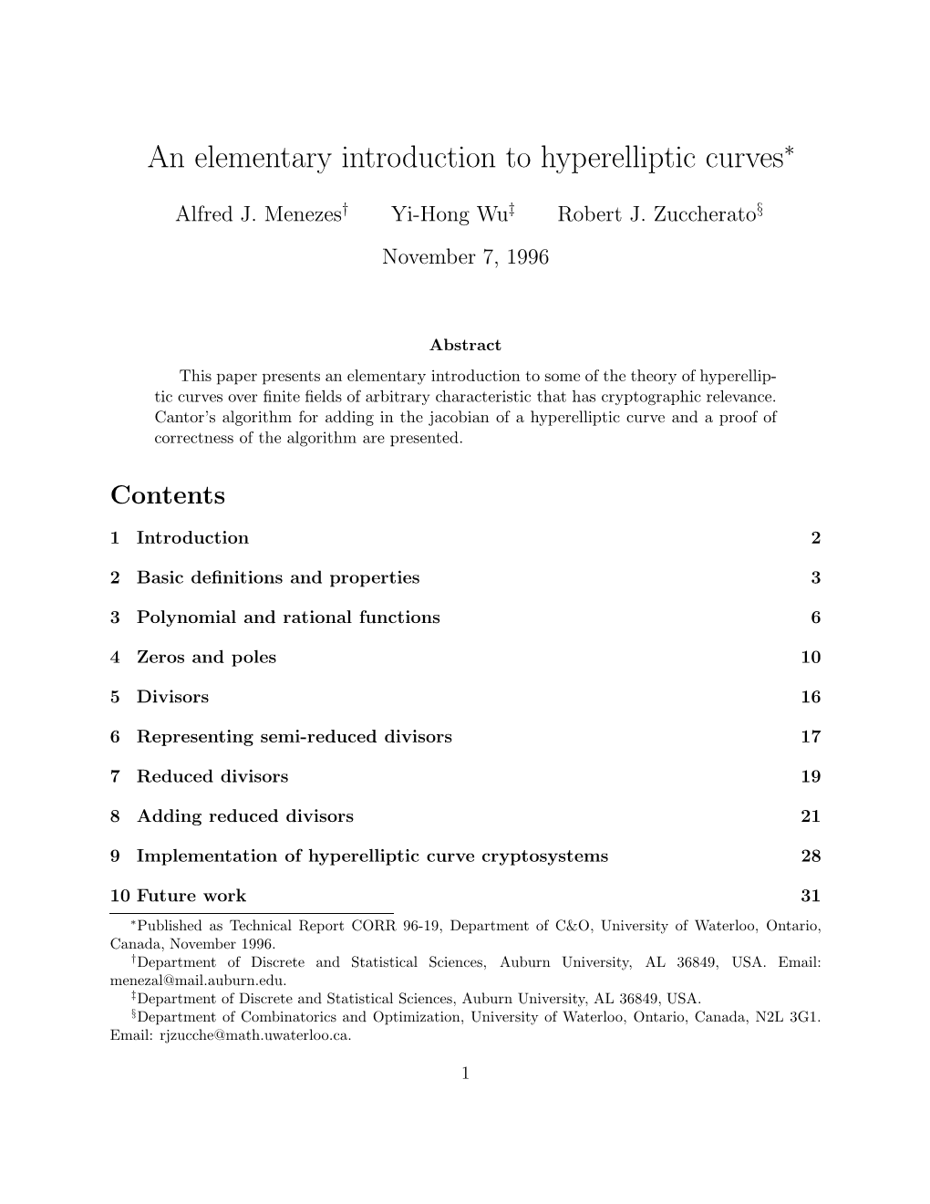 An Elementary Introduction to Hyperelliptic Curves∗