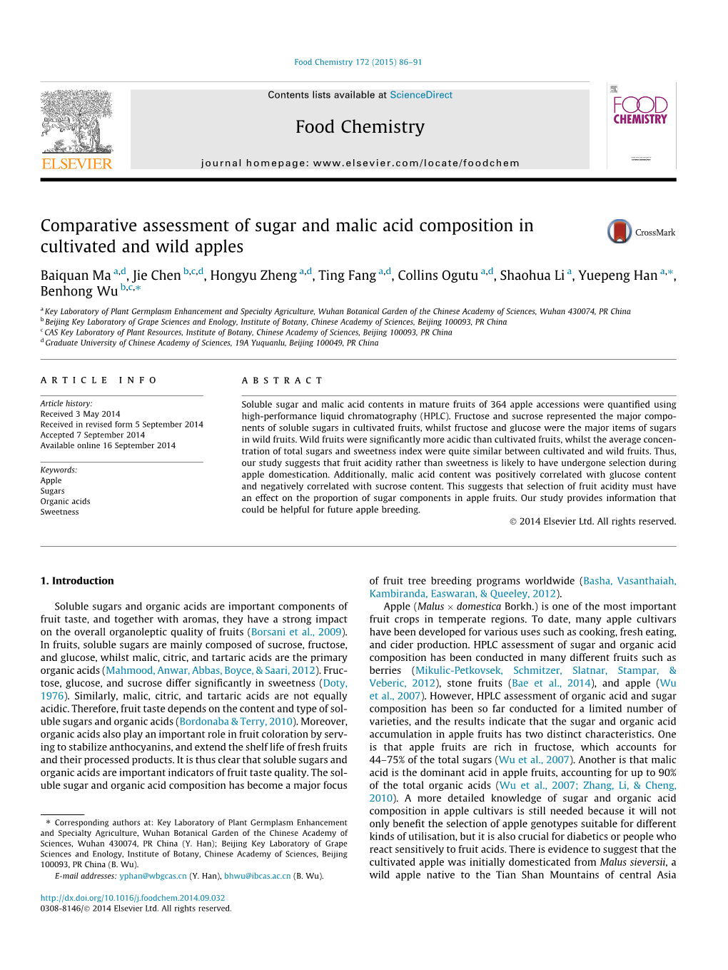 Comparative Assessment of Sugar and Malic Acid Composition in Cultivated and Wild Apples