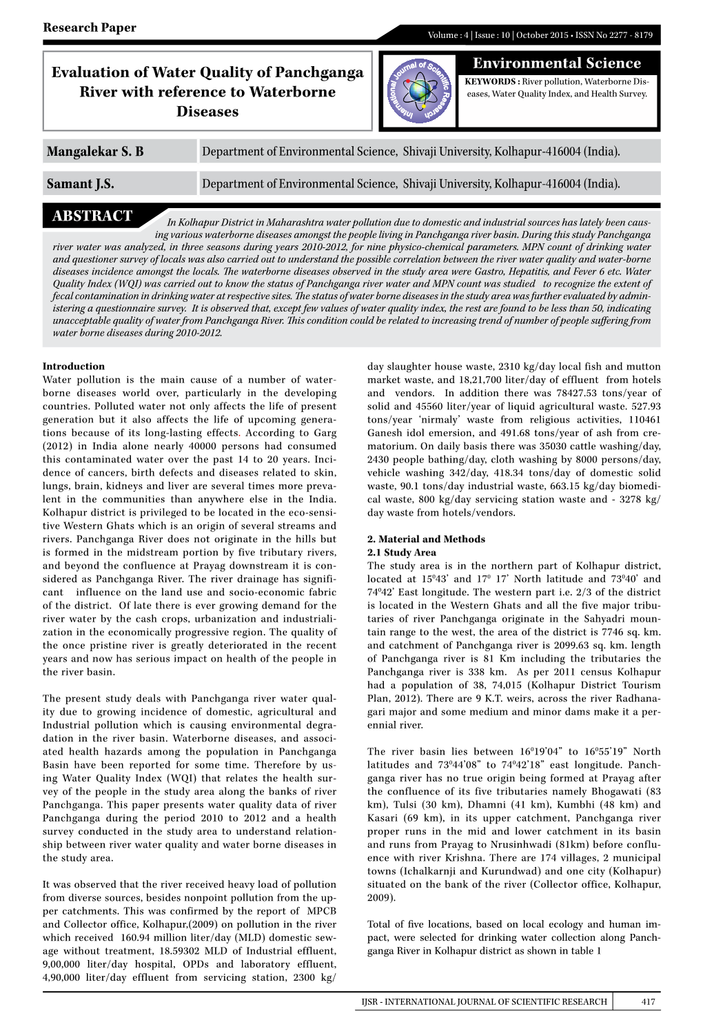 Environmental Science Evaluation of Water Quality of Panchganga River