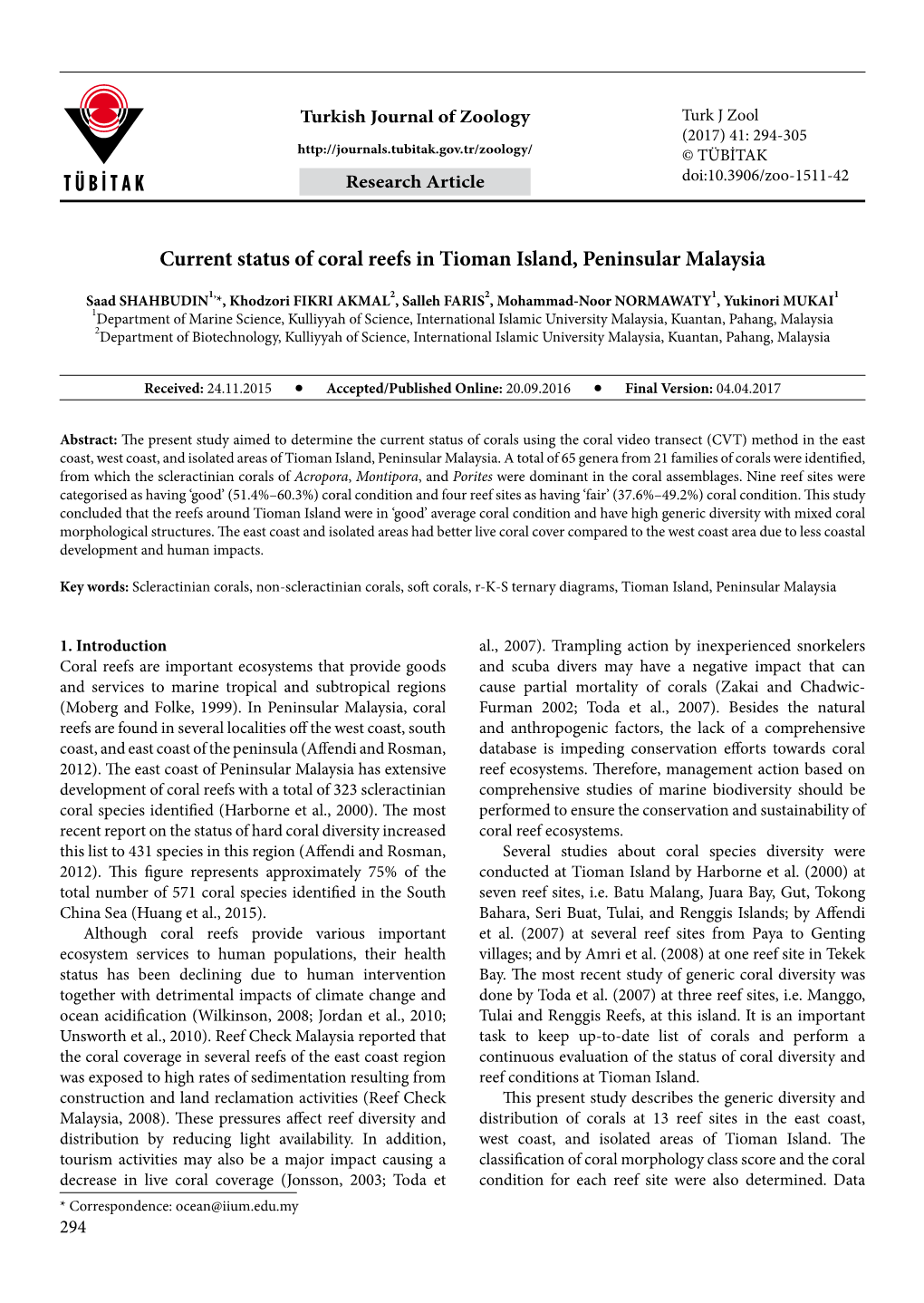 Current Status of Coral Reefs in Tioman Island, Peninsular Malaysia