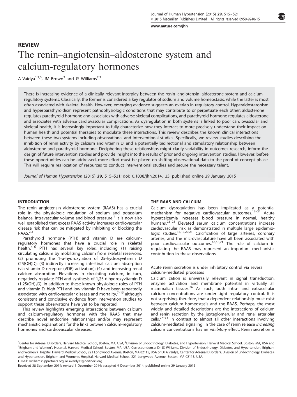 Aldosterone System and Calcium-Regulatory Hormones