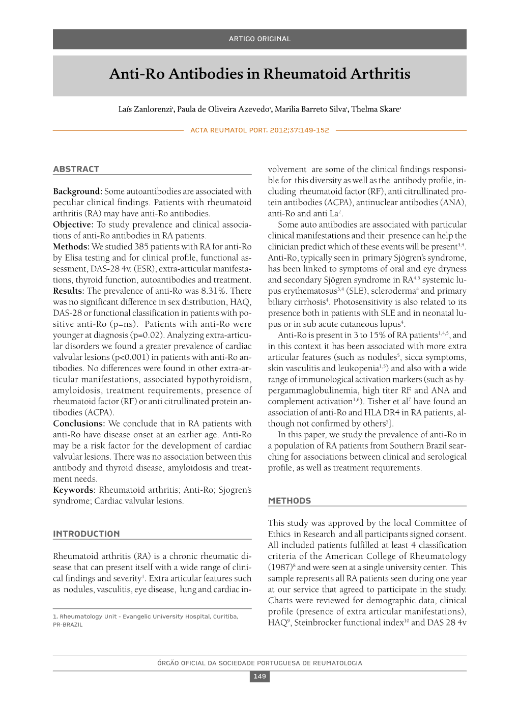 Anti-Ro Antibodies in Rheumatoid Arthritis