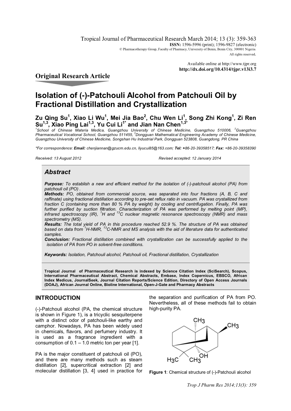 Isolation of (-)-Patchouli Alcohol from Patchouli Oil by Fractional Distillation and Crystallization