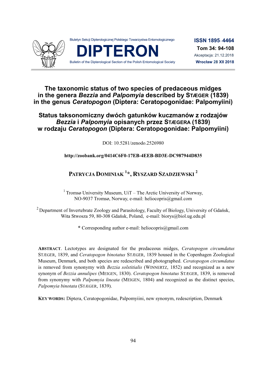 The Taxonomic Status of Two Species of Predaceous Midges in the Genera