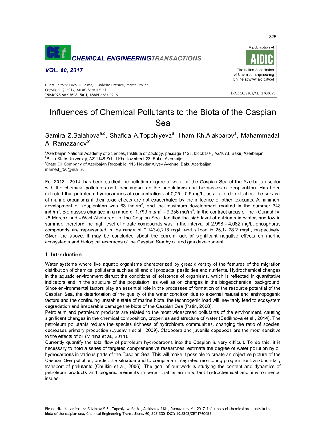 Influences of Chemical Pollutants to the Biota of the Caspian