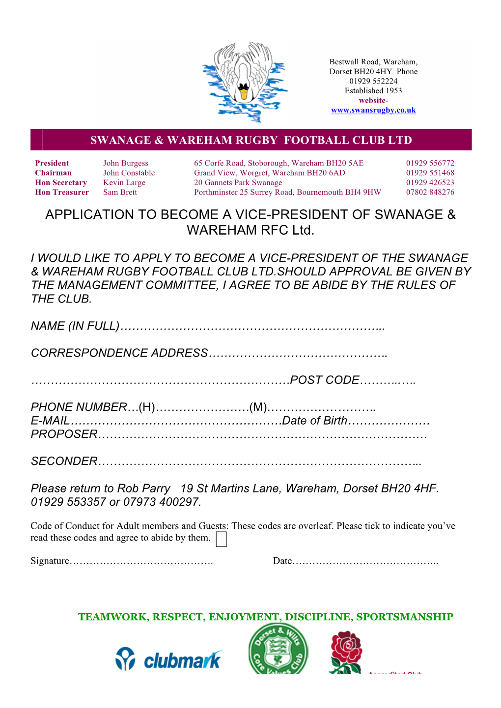 APPLICATION to BECOME a VICE-PRESIDENT of SWANAGE & WAREHAM RFC Ltd