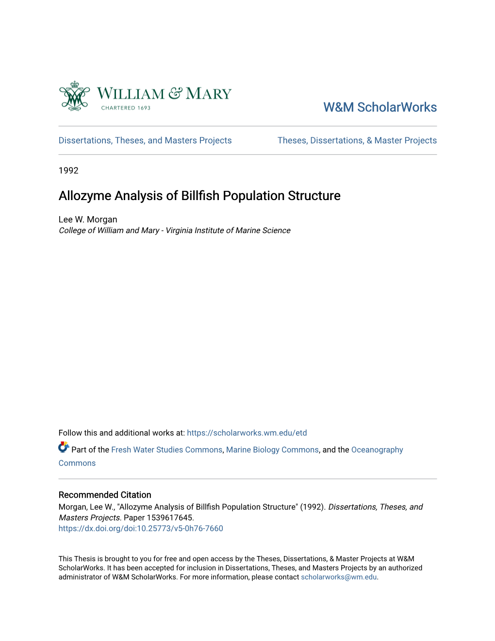 Allozyme Analysis of Billfish Population Structure