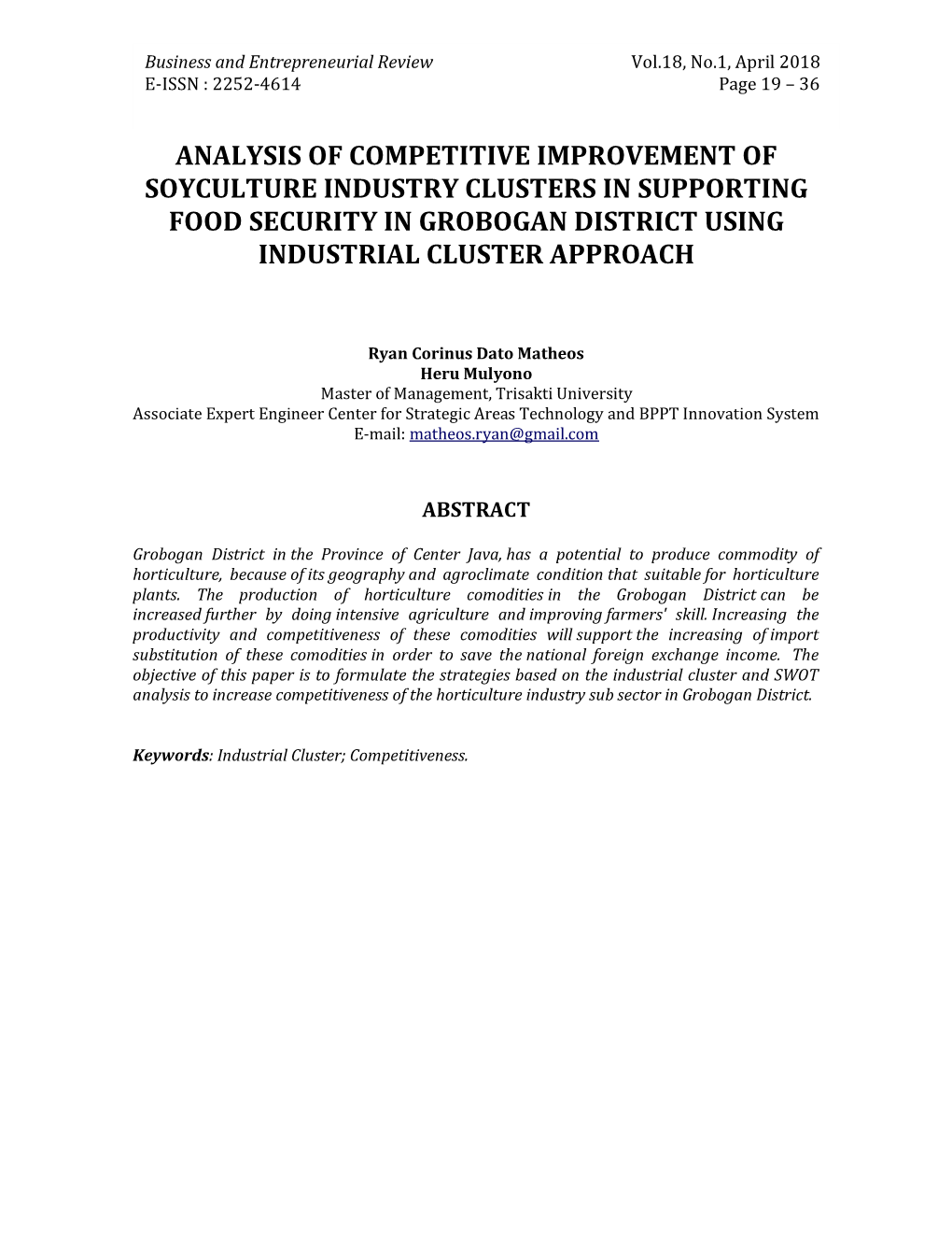 Analysis of Competitive Improvement of Soyculture Industry Clusters in Supporting Food Security in Grobogan District Using Industrial Cluster Approach